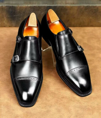 Black Leather Double Monkstrap Custom Made Shoe Men main image 4