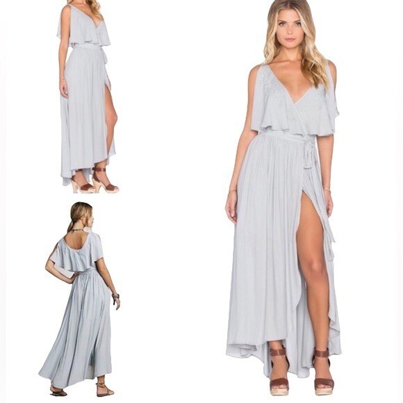 Free People Blue Gray Embroidered Fiona Maxi True Wrap Dress Women Size L