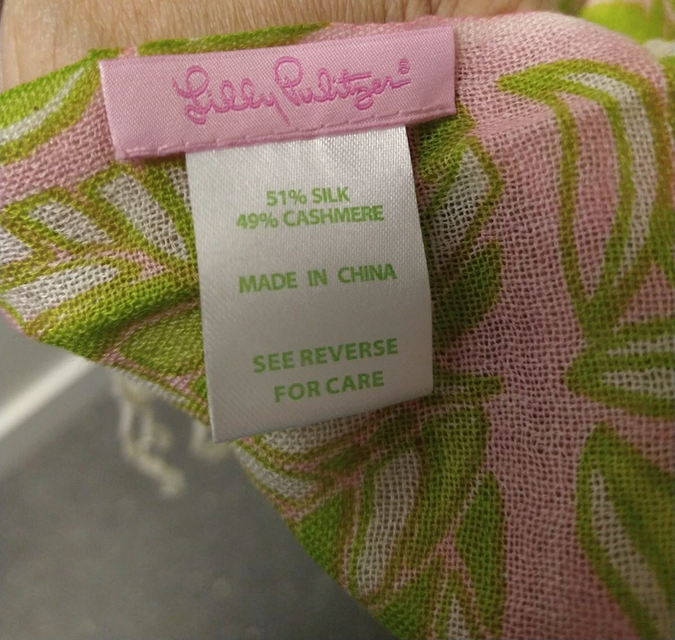 Bufanda Lilly Pulitzer Rosa Verde Cachemira Seda Rectángulo Borla 28"x72" Preppy Foto 3 de 3