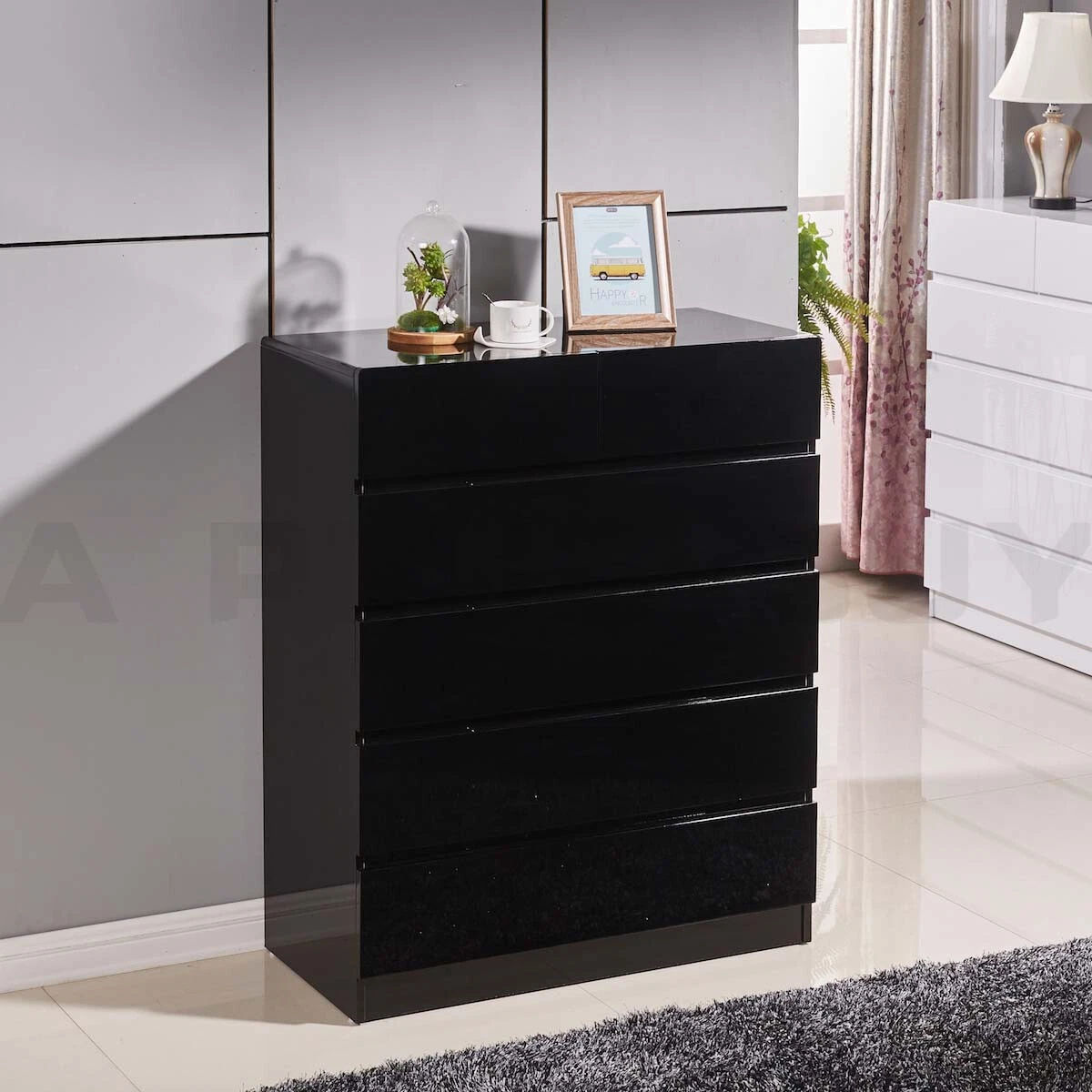 New 105CM High Gloss 6 Drawer Wooden Tallboy Cabinet Chest of