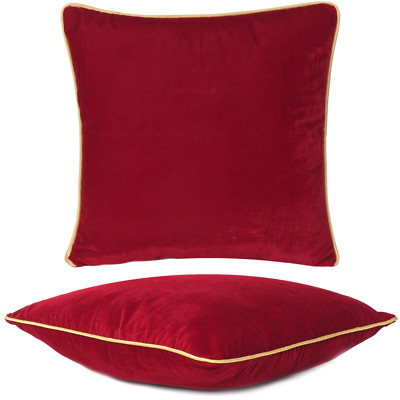 Luxury Maroon Velvet Cushion Cover with Zipper Soft Pillowcase Gold Piping Edge