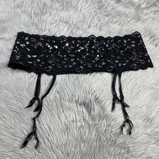 Cacique Womens Black Silver Lace Beaded Garter Belt 18/20