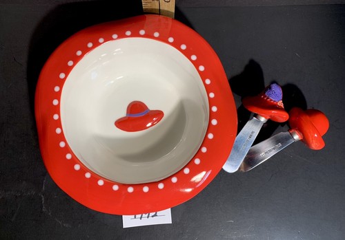 RED HAT SOCIETY Ceramic Serving Bowl & Knife Spreaders Vintage