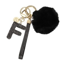Initial Letter F Keychain with Pom and Rhinestone Wristlet, Grey