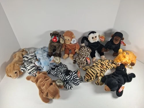 Lot of 13 Various Vintage Beanie Babies Lions, Tigers, Bears With Tags