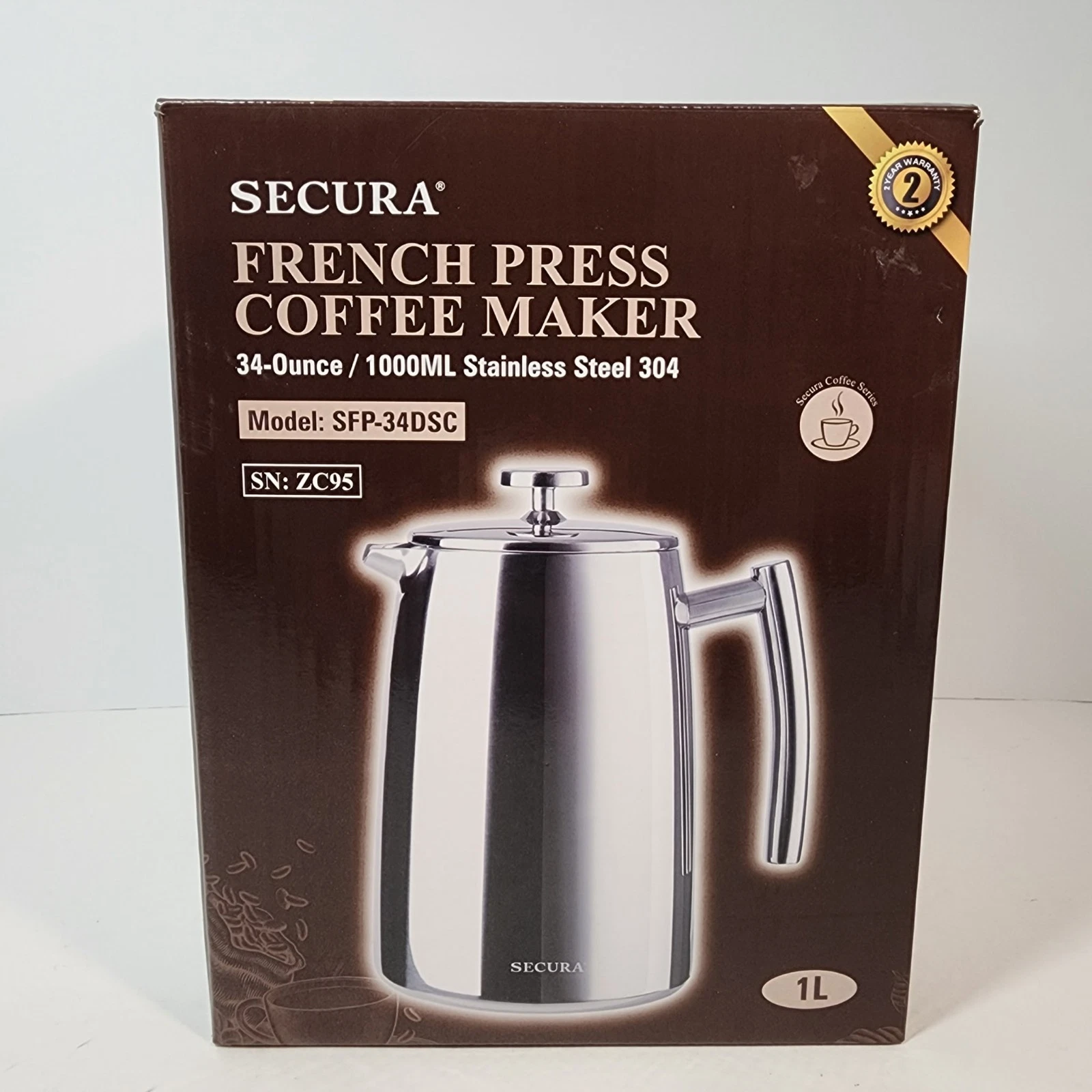 Secura Stainless Steel French Press Coffee Maker 34oz Open Box Unused