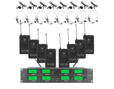 Pro Audio Wireless Microphone System UHF 8 Channel 8 Lavalier Bodypacks Headset