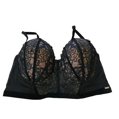 Adore Me Black Floral Lace Longline Underwire Bra 38DD Velvet Trim Mesh Back