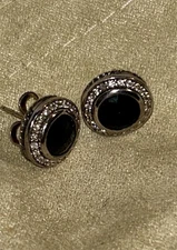 David Yurman 925 Silver Petite Black Onyx Cerise Diamond Stud Earrings