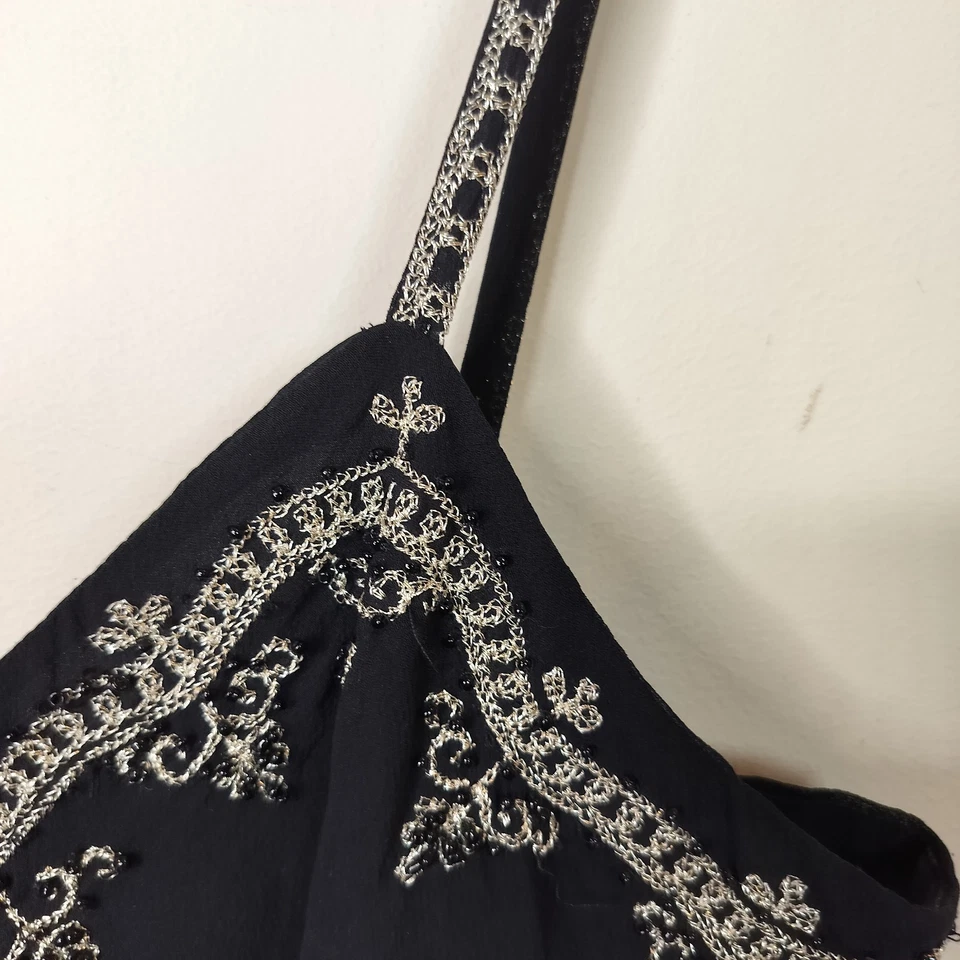 Ann Taylor Black Silk Tank Top Size 12 Women's Gold Embroidered + Beaded Cami - Image 4 of 4
