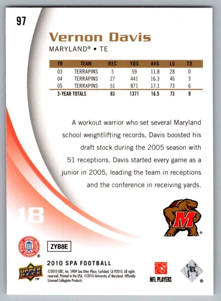 2010 SP Authentic Vernon Davis Maryland Terrapins #97 - Image 2 of 2