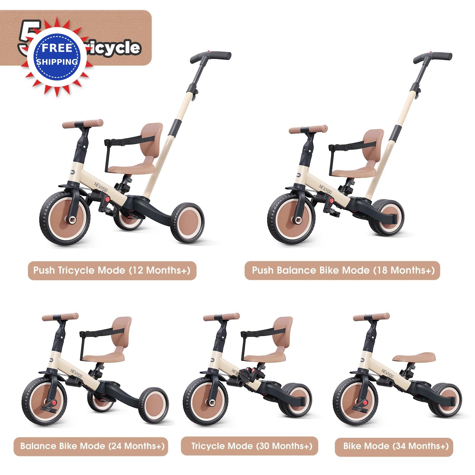 Toddler Tricycle 5 in 1 Kids Bike Balance Trike with Push Handle 1-3 Years TR007 thumbnail 2
