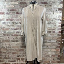 Tahari Women Dress Size S Tan Beige Linen Blend Pintuck Pleats Roll-Tab Sleeve