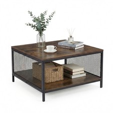 Square Coffee Table 2-Tier Industrial Style Open Storage Wood Top Brown