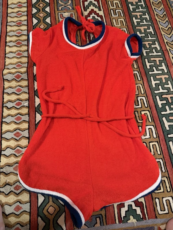 1970s Terry Cloth Women’s XS Skater Romper. Looks Unworn. Red White Blue.