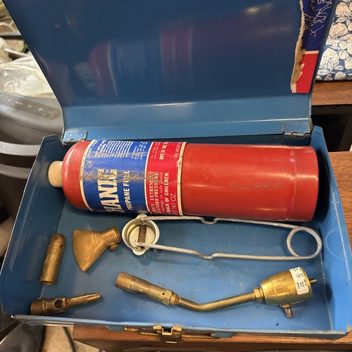 Vintage Metal Blue Propane Torch Burn Kit Tin Carrying Case Tool Box + Tips