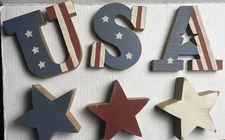 Patriotic USA & Stars Block Letters Country Rustic Distressed Red White Blue 5”