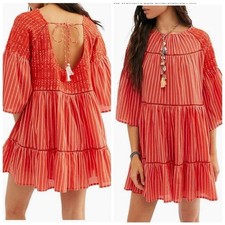 Free People Womens Small Orange Lola Embroidered Ruffle Mini Dress Boho