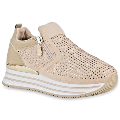 MODE TREND SALE GLITZER Strass Steine Plateau Sneaker NEU Gold Schnalle Beige 41