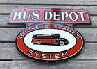 VINTAGE 12X8" BUS DEPOT GASOLINE PUMP STATION PORCELAIN DIE-CUT MOTOR OIL SIGN