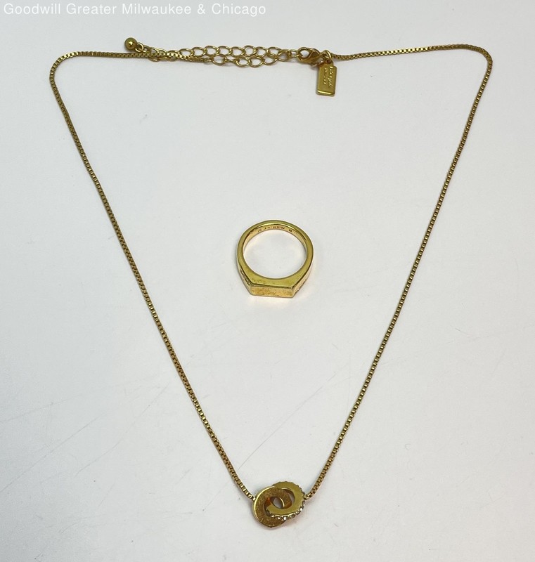 Kate Spade & JCrew Gold Tone Rhinestone Pendant Necklace & Ring 12.6g