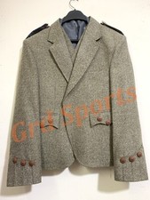 Scottish Men Light Brown Shade Tweed Wool Argyle Kilt Coat/Jacket with Waistcoat
