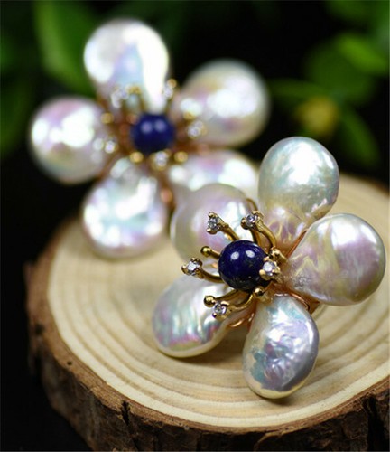 925 Silver Stud Earrings Natural Freshwater Petal Pearl Lapis Handmade Earrings - Picture 2 of 4