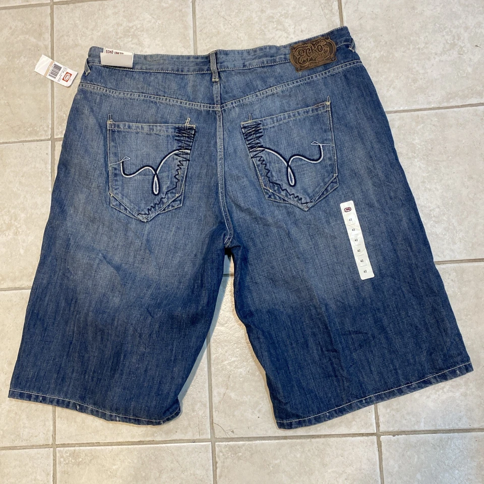 Pantalones Cortos Ecko Unltd Hombres 42x15 LARGOS Pantalones Cortos Denim Hip Hop Y2K Sueltos Anchos Parche Espalda B Foto 3 de 4