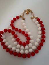Vintage lucite red And White Bead Double strand Necklace. Adjusts up to 17"