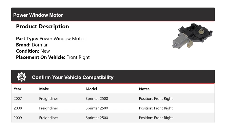 Motor de ventana eléctrica delantero derecho Freightliner Sprinter 2500 Dorman 2007-2009 Foto 2 de 4