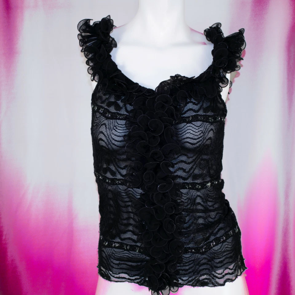 Camiseta sin mangas ROMY negra de encaje con ribete blanco de poliéster geométrico para mujer con volantes talla M Foto 3 de 4