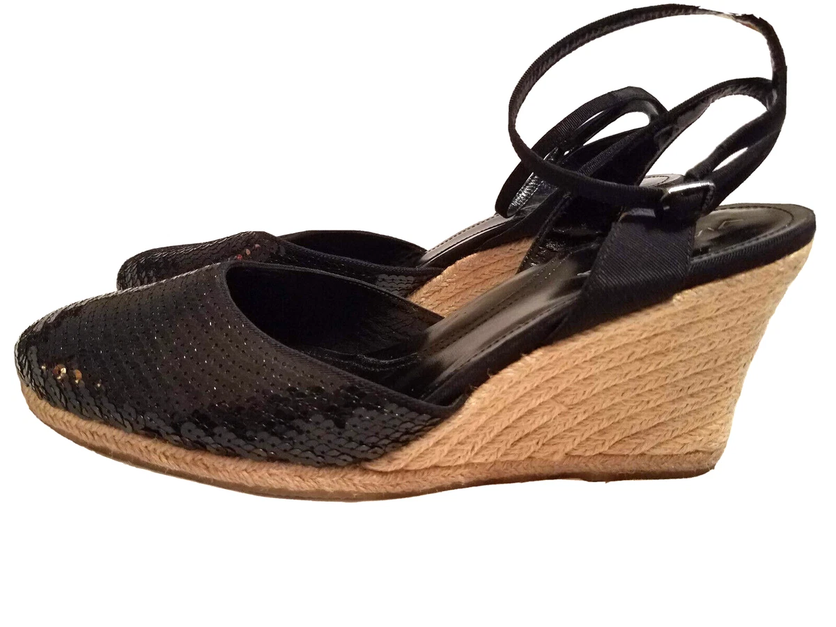VIA SPIGA Larky Black Sequin Ankle Strap Espadrille Wedge Shoes Size 11 M NEW