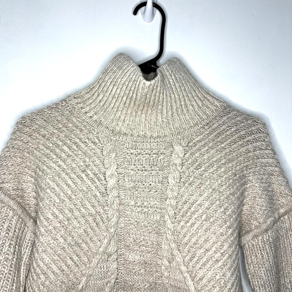Suéter Duffy Mujer Pequeño Beige Lana Merino Mohair Grueso Tejido Cuello Alto Abertura Foto 4 de 4