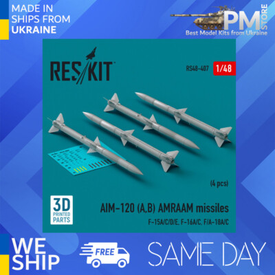 Reskit RS48-0407 1/48 AIM-120 (A,B) AMRAAM missiles (4 pcs) F-15A/C/D/E, F-16A/C