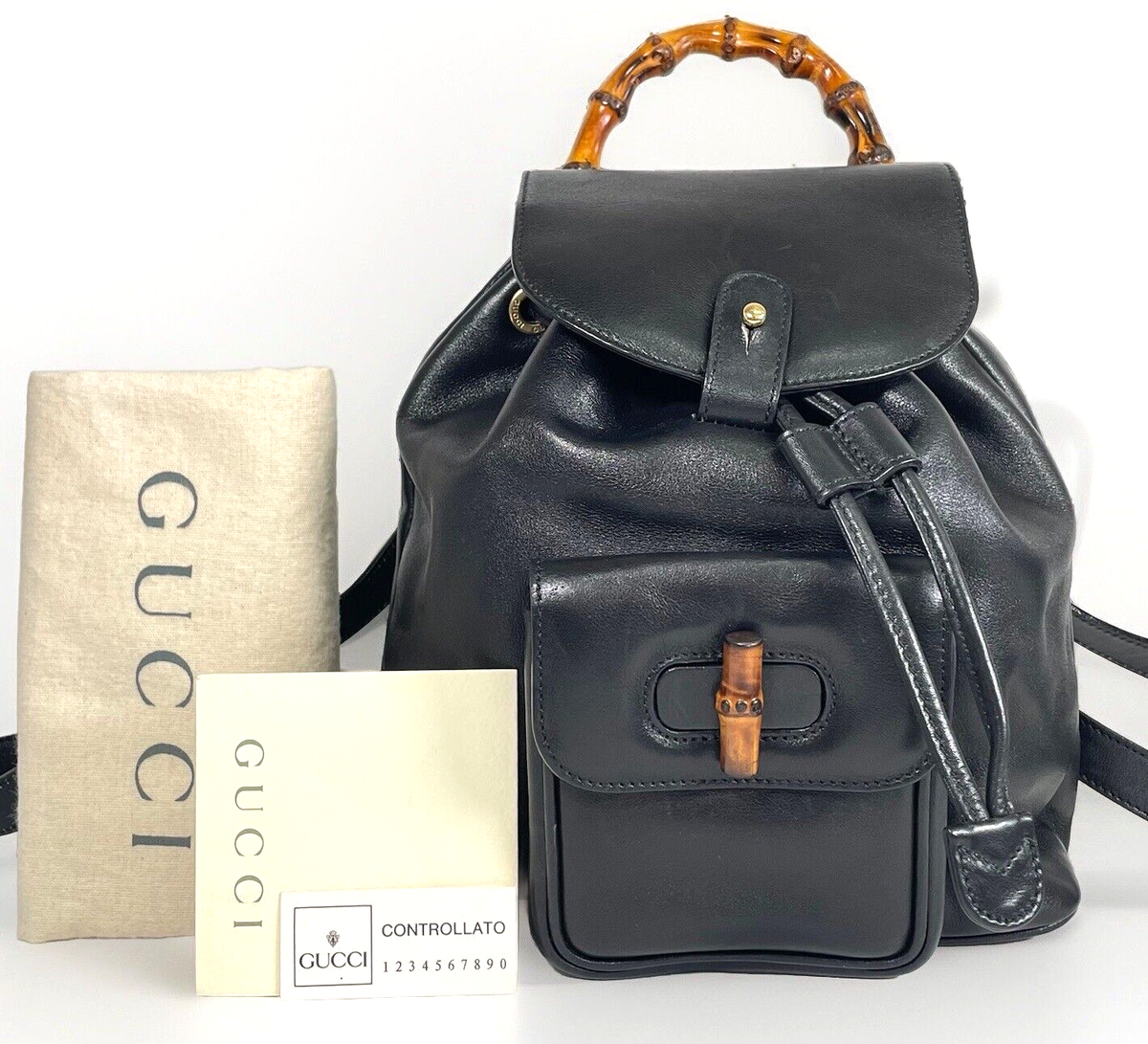Vintage Gucci Bamboo Backpack Black Leather Purse GG  display picture 1
