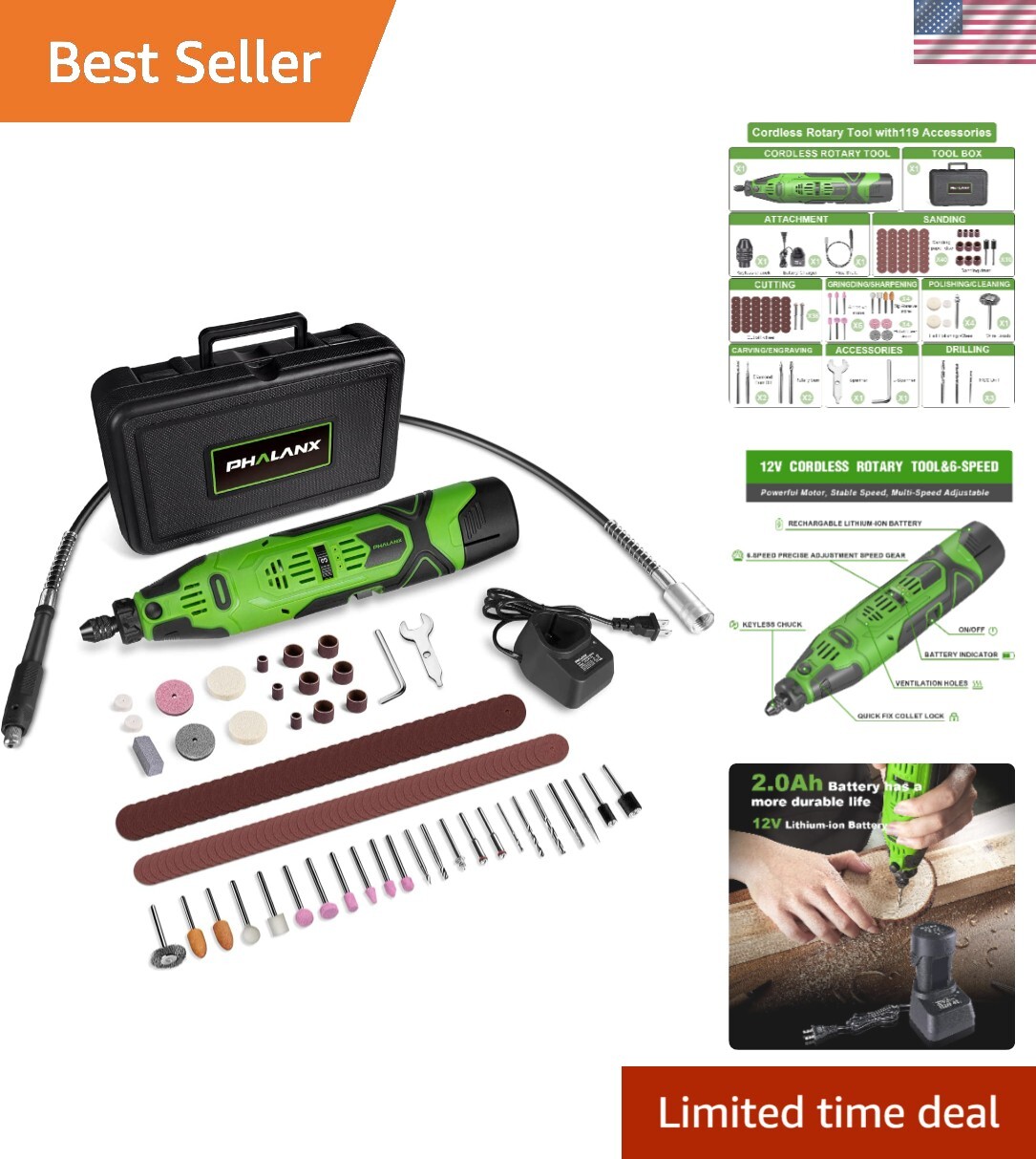 12V Cordless Rotary Tool Kit with Keyless Chuck, 6-Speeds 5000-32000RPM, 119 ...