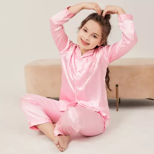 New Kids Boys Girls Silk Pajamas Long Sleeve Satin PJs Sets Nightwear Sleepwear - Picture 50 of 83