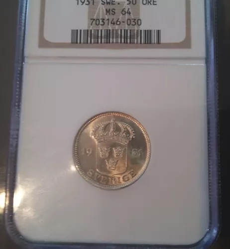 1931 Sweden Silver 50 Ore- NGC MS 64