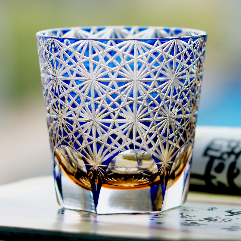 Vaso de whisky hecho a mano Hibiki Edo Kiriko estilo japonés azul 11 oz