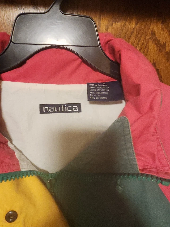 Cortavientos Nautica Vintage Años 90 Rosa Verde Amarillo con Capucha Bolsillo Talla Para Mujer M Foto 3 de 4
