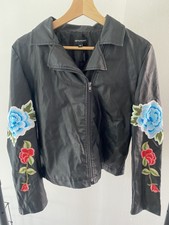 Pretty Little Thing Faux Leather Embroidered Flowers Jacket Black Size 10