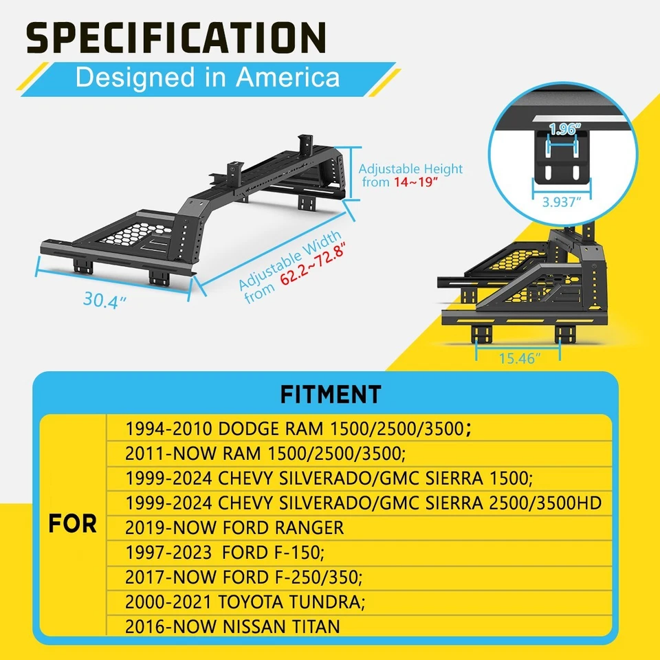 Height Width Adjustable Roll Bar For 1999-2024 Chevy Silverado 1500/2500/3500HD - Imagem 2 de 4