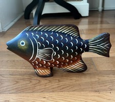 Vintage collectible Handcarved Wooden Fish Figurine. 10 inches Glass Eyes