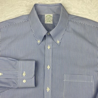 Brooks Brothers Dress Shirt Mens 17-2/3 Blue/White Stripes Milano Fit No Iron
