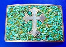 Chunky Turquoise Cross Gothic Religious Theme Vintage Nocona Belt Buckle