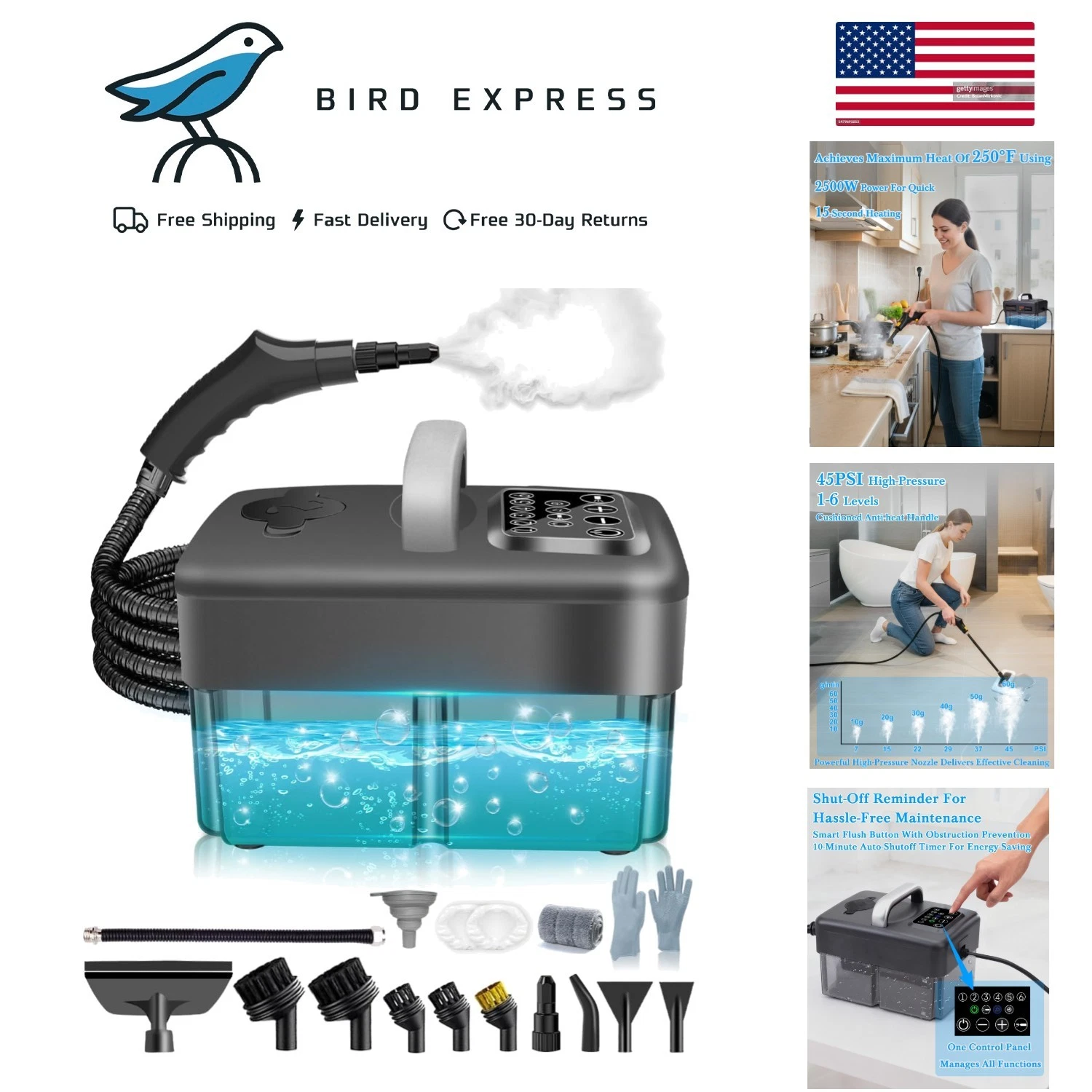 1600ml Water Tank Handheld Steam Cleaner 250°F High Temp 45PSI Car Tile Cleaning