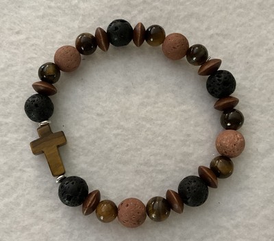Mens Christian Tiger Eye, Lava Stone & Wood Bracelet w/TigerEye Cross 8.5 Length