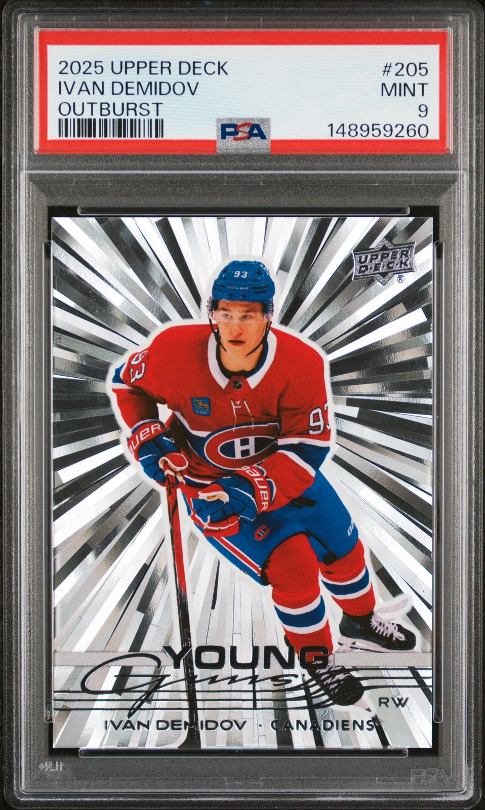 2025 Upper Deck Series 1 IVAN DEMIDOV #205 Outburst Young Guns PSA 9!! Canadiens