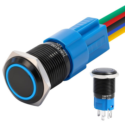 16Mm Latching Push Button Switch 12V DC, IP65 Waterproof On/Off Black Shell with