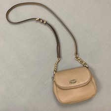 Michael Kors Crossbody Beige Pebbled Leather Foldover Zip Gold Tone Chain Bag
